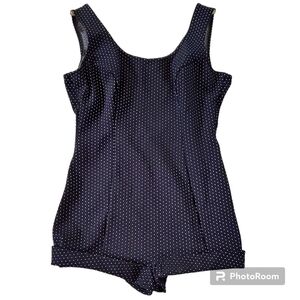 Vtg 40s‎ 50s Bradley Black White Polka Dot  Boy Leg Low Back One Piece Swimsuit